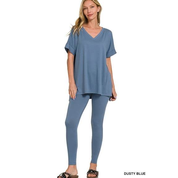 Zenana Plus Size V-Neck Short Sleeve & Leggings Comfy Loungewear Activewear Set