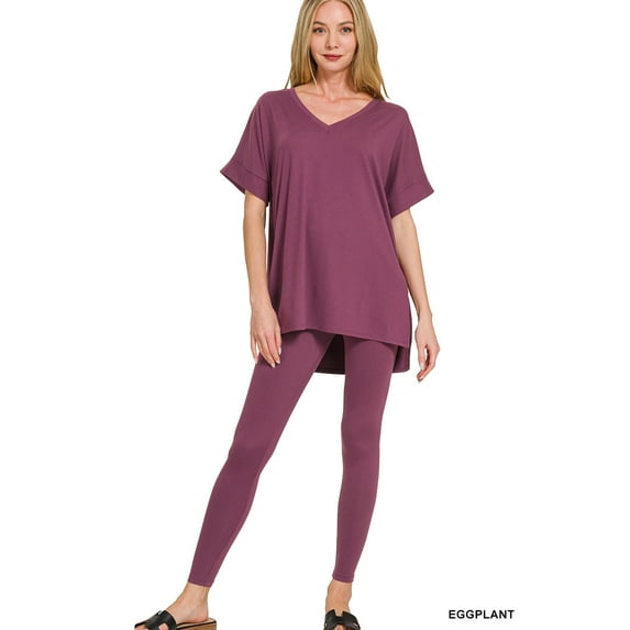 Zenana Plus Size V-Neck Short Sleeve & Leggings Comfy Loungewear Activewear Set