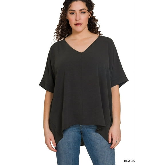 Zenana Plus Size V Neck Woven Airflow Dolman Short Sleeve Hi-Low Blouse Top