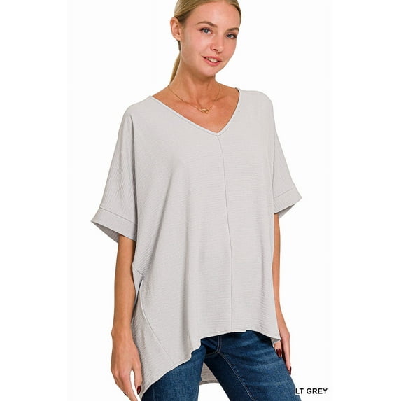 Zenana Plus Size V Neck Woven Airflow Dolman Short Sleeve Hi-Low Blouse Top