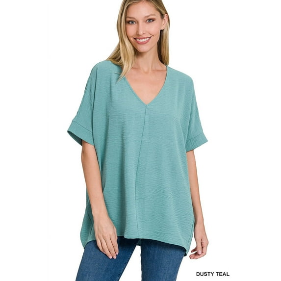 Zenana Plus Size V Neck Woven Airflow Dolman Short Sleeve Hi-Low Blouse Top