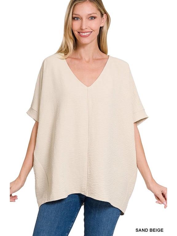 Plus Size V Neck Woven Airflow Dolman Short Sleeve Hi-Low Blouse Top