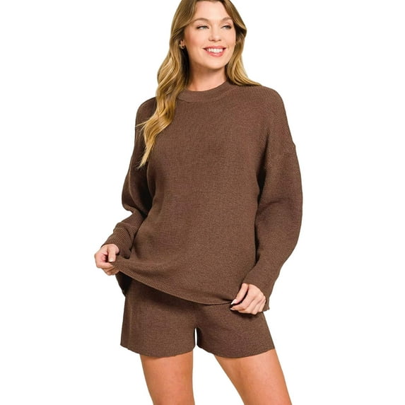 Zenana Round Neck Knit Top and Shorts Sweater Set