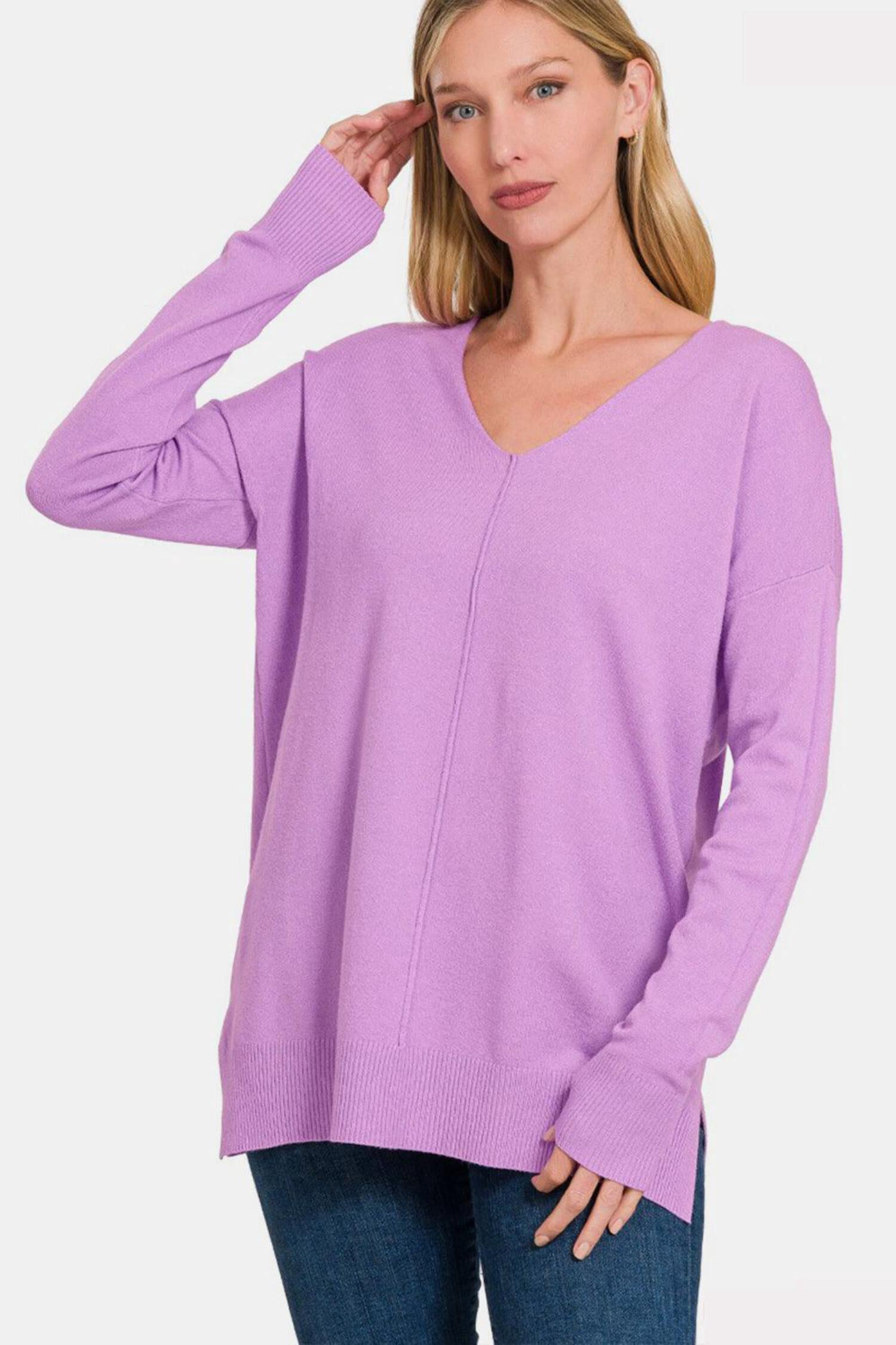 V Neck Slit Exposed Seam Sweater main image 0