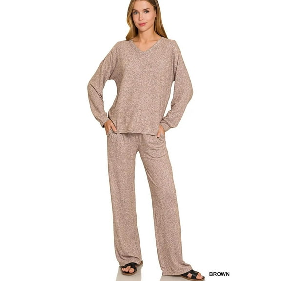Zenana Soft Melange Long Sleeve Tee Pants Set