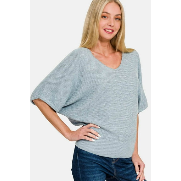 Zenana V-Neck Short Sleeve Dolman Sweater - Rosa Apparel