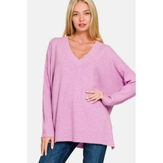 Zenana V-Neck Side Slit High-Low Sweater - Rosa Apparel