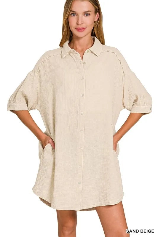 Zenana Washed Double Gauze Button Down Shirt Dress main image 1