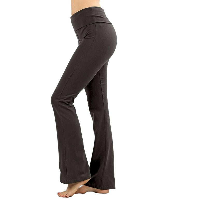 Zenana Women Fold Over Waist Cotton Stretch Flare Leg Boot Cut Yoga Pants  Leggings H Grey X-Large