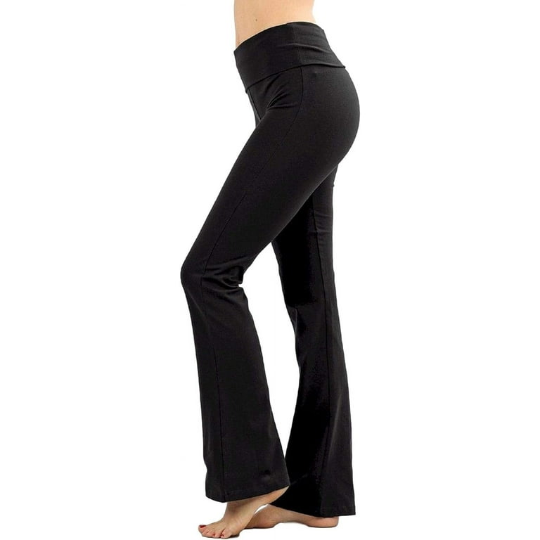 Zenana Women Fold Over Waist Cotton Stretch Flare Leg Boot Cut Yoga Pants  Leggings Black Medium 