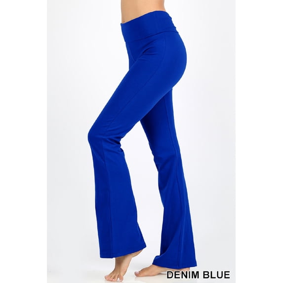 Zenana Women Fold Over Waist Cotton Stretch Flare Leg Boot Cut Yoga Pants Leggings Denim Blue Medium