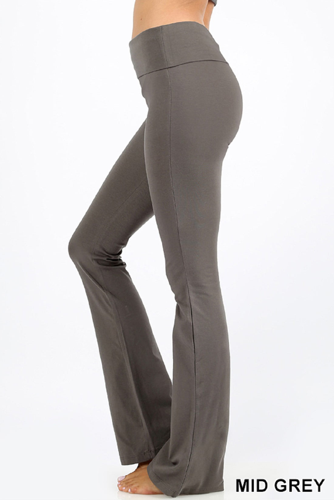 Zenana Women Fold Over Waist Cotton Stretch Flare Leg Boot Cut Yoga Pants  Leggings Mid Grey Large 