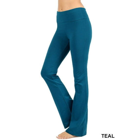 Zenana Women Fold Over Waist Cotton Stretch Flare Leg Boot Cut Yoga Pants Leggings Teal Small