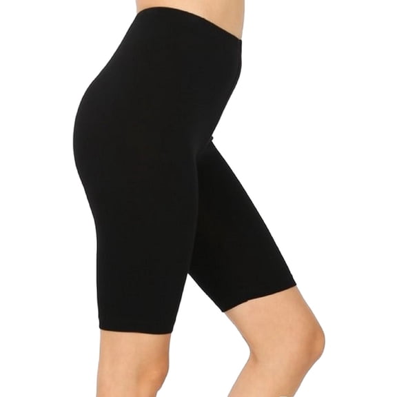 Zenana Women Ladies Mid Thigh Stretch Cotton High Waist Active Bermuda Biker Short Leggings Black Small