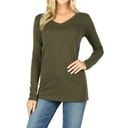 Zenana Women & Plus Basic Cotton Relaxed Fit V-Neck Long Sleeve Plain Active Casual T-ShirtTop(S-3X)