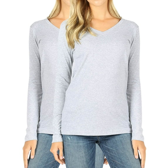 Zenana Women & Plus Basic Cotton Relaxed Fit V-Neck Long Sleeve Plain Active Casual T-ShirtTop(S-3X)