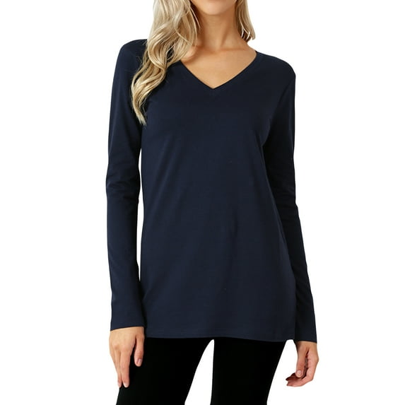 Zenana Women & Plus Basic Cotton Relaxed Fit V-Neck Long Sleeve Plain Active Casual T-ShirtTop(S-3X)
