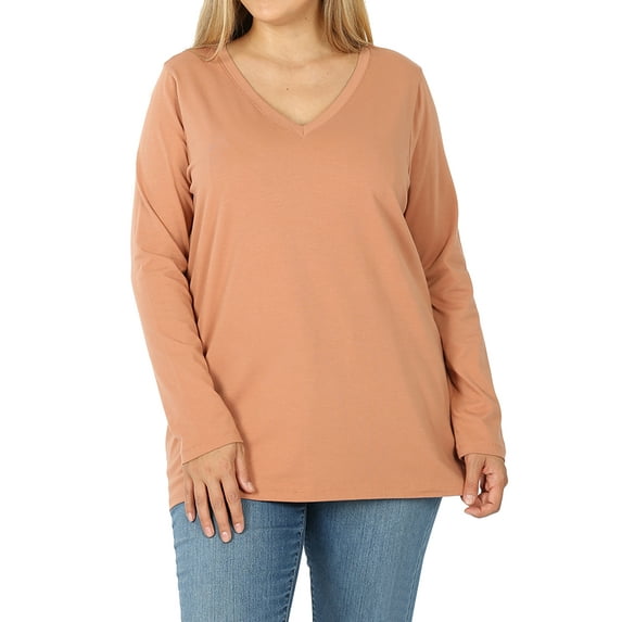 Zenana Women & Plus Basic Cotton Relaxed Fit V-Neck Long Sleeve Plain Active Casual T-ShirtTop(S-3X)