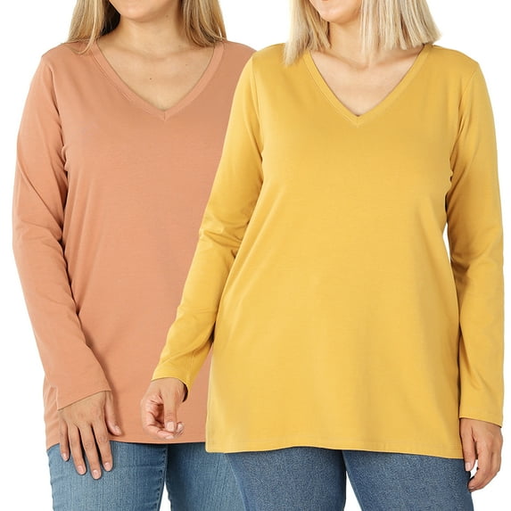 Zenana Women & Plus Basic Cotton Relaxed Fit V-Neck Long Sleeve Plain Active Casual T-ShirtTop(S-3X)