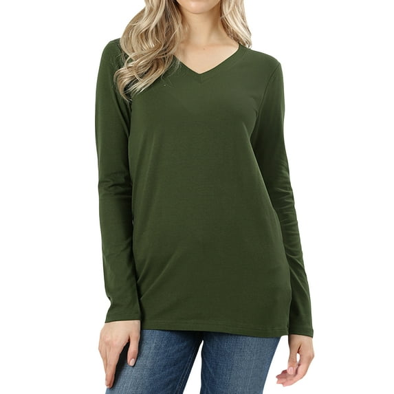 Zenana Women & Plus Basic Cotton Relaxed Fit V-Neck Long Sleeve Plain Active Casual T-ShirtTop(S-3X)