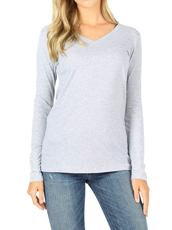 Women & Plus Basic Cotton Relaxed Fit V-Neck Long Sleeve Plain Active Casual T-ShirtTop(S-3X)