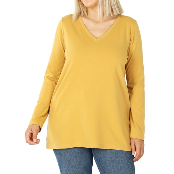 Zenana Women & Plus Basic Cotton Relaxed Fit V-Neck Long Sleeve Plain Active Casual T-ShirtTop(S-3X)