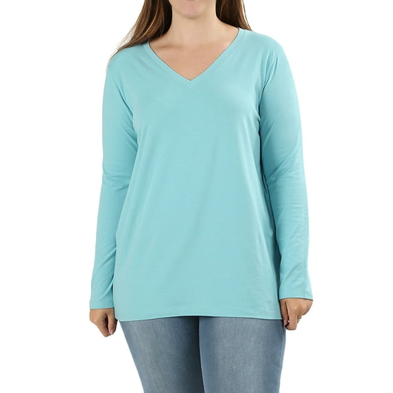 Zenana Women & Plus Basic Cotton Relaxed Fit V-Neck Long Sleeve Plain Active Casual T-ShirtTop(S-3X)
