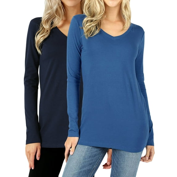 Zenana Women & Plus Basic Cotton Relaxed Fit V-Neck Long Sleeve Plain Active Casual T-ShirtTop(S-3X)