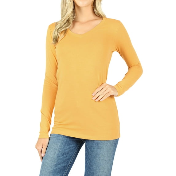 Zenana Women & Plus Basic Cotton Relaxed Fit V-Neck Long Sleeve Plain Active Casual T-ShirtTop(S-3X)