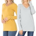 thumbnail image 1 of Zenana Women & Plus Basic Cotton Relaxed Fit V-Neck Long Sleeve Plain Active Casual T-ShirtTop(S-3X), 1 of 4