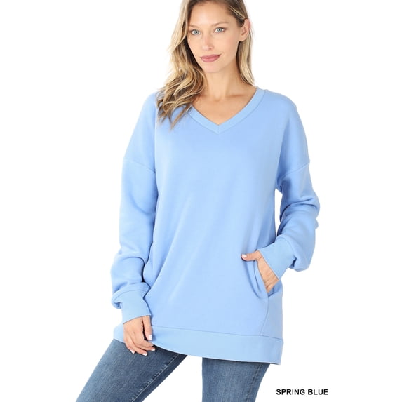 Zenana Women & Plus Basic Relaxed Long Sleeve V-Neck Sweatshirts w/Side Pockets