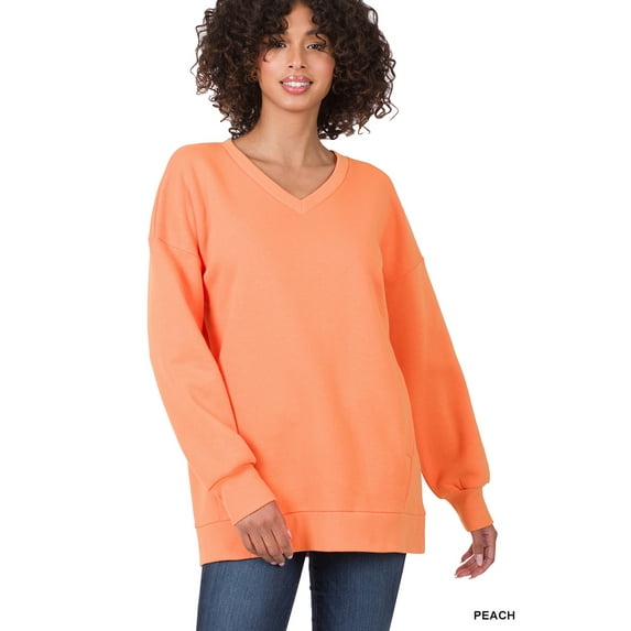 Zenana Women & Plus Basic Relaxed Long Sleeve V-Neck Sweatshirts w/Side Pockets