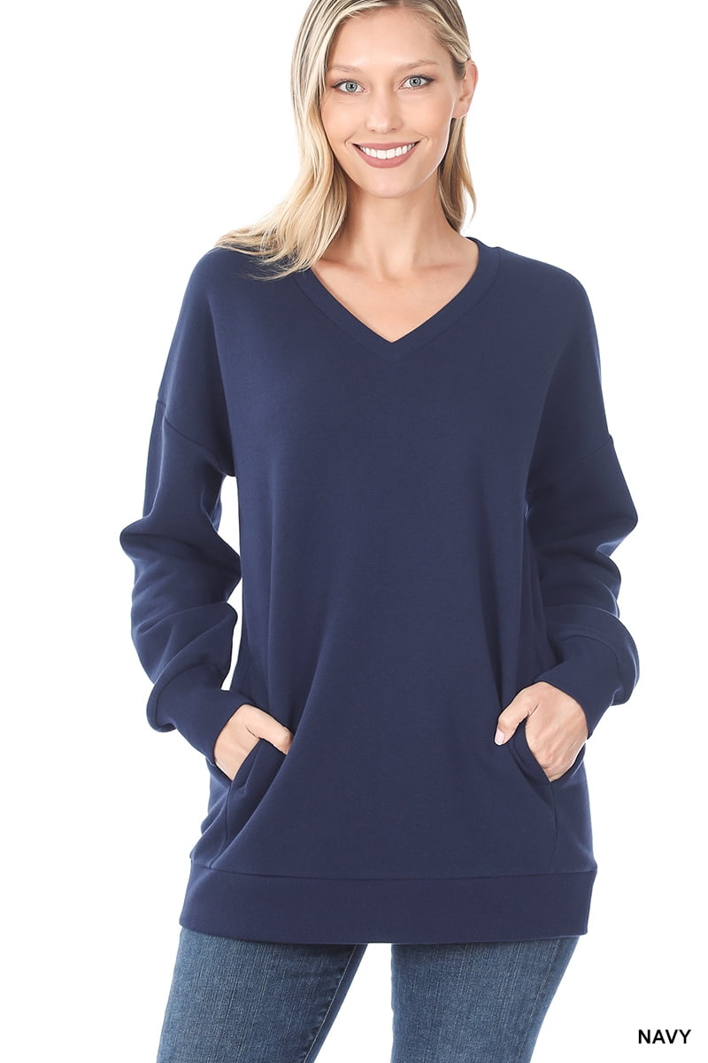 Zenana Women & Plus Basic Relaxed Long Sleeve V-Neck Sweatshirts w/Side  Pockets 