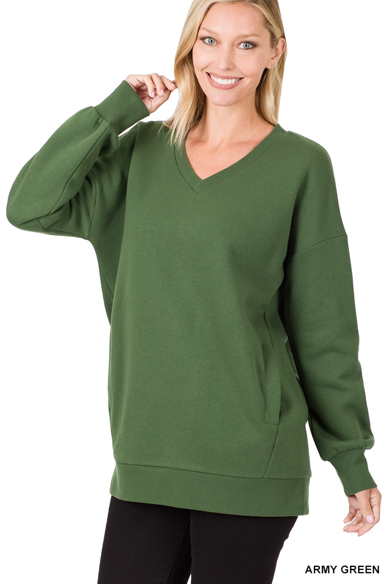 Zenana Women & Plus Basic Relaxed Long Sleeve V-Neck Sweatshirts w/Side  Pockets