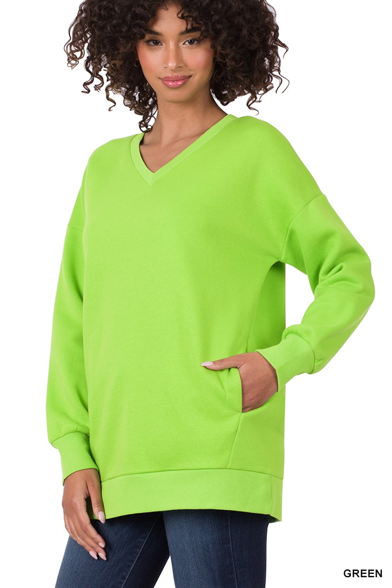Zenana Women & Plus Basic Relaxed Long Sleeve V-Neck Sweatshirts w/Side  Pockets