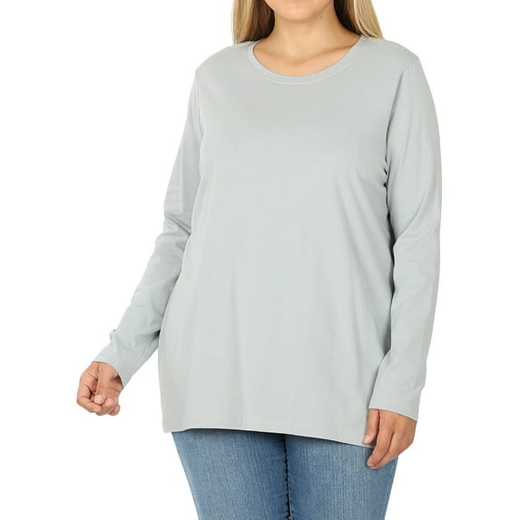 Zenana Women & Plus Basic Round Crew Neck Long Sleeve Stretch Cotton Spandex T-Shirts