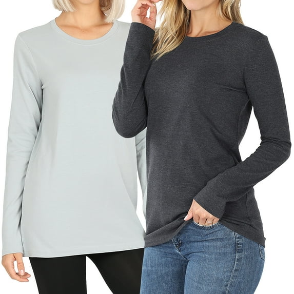Zenana Women & Plus Basic Round Crew Neck Long Sleeve Stretch Cotton Spandex T-Shirts