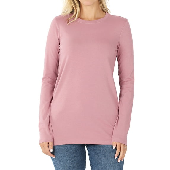 Zenana Women & Plus Basic Round Crew Neck Long Sleeve Stretch Cotton Spandex T-Shirts