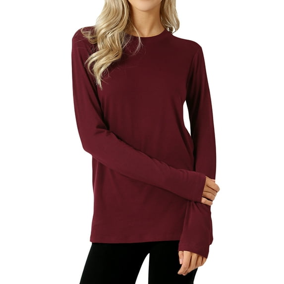 Zenana Women & Plus Basic Round Crew Neck Long Sleeve Stretch Cotton Spandex T-Shirts