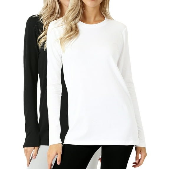 Zenana Women & Plus Basic Round Crew Neck Long Sleeve Stretch Cotton Spandex T-Shirts