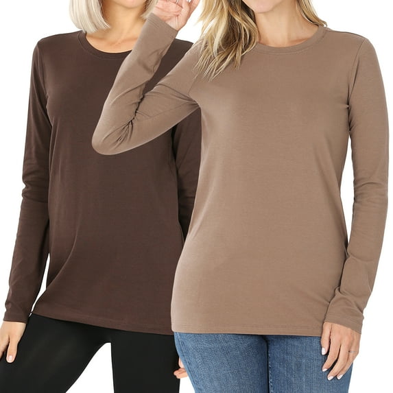 Zenana Women & Plus Basic Round Crew Neck Long Sleeve Stretch Cotton Spandex T-Shirts