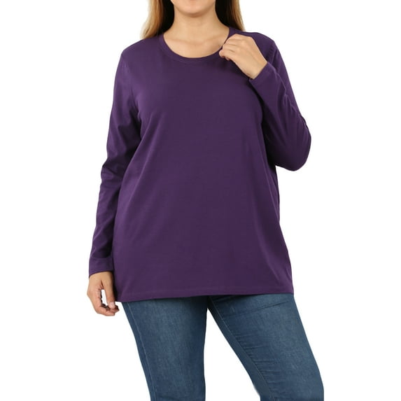 Zenana Women & Plus Basic Round Crew Neck Long Sleeve Stretch Cotton Spandex T-Shirts