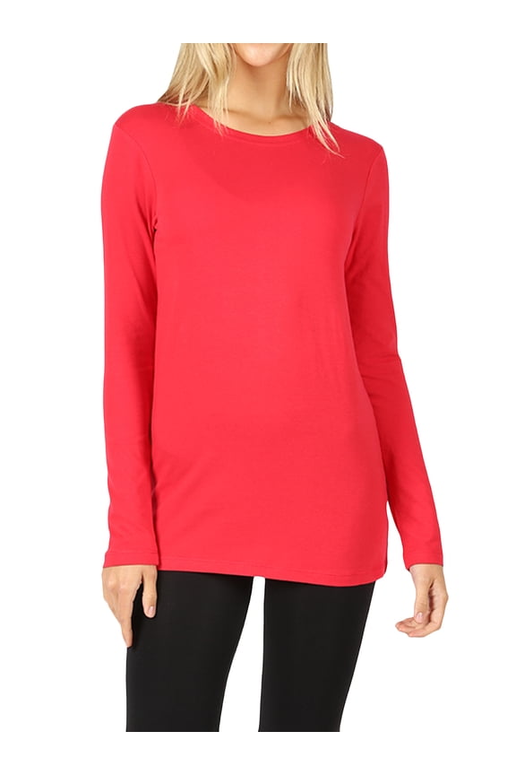 Women & Plus Basic Round Crew Neck Long Sleeve Stretch Cotton Spandex T-Shirts