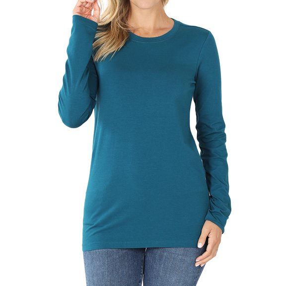 Zenana Women & Plus Basic Round Crew Neck Long Sleeve Stretch Cotton Spandex T-Shirts