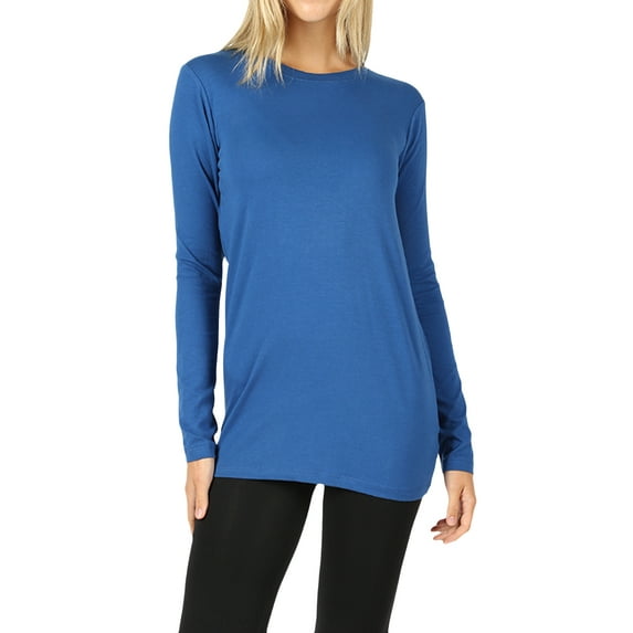 Zenana Women & Plus Basic Round Crew Neck Long Sleeve Stretch Cotton Spandex T-Shirts