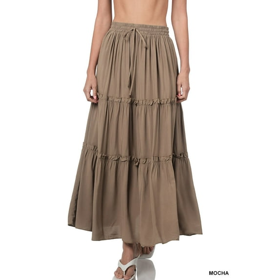Zenana Women & Plus Boho Elastic Drawstring Waist Tiered Ruffle A-Line Woven Maxi Skirt