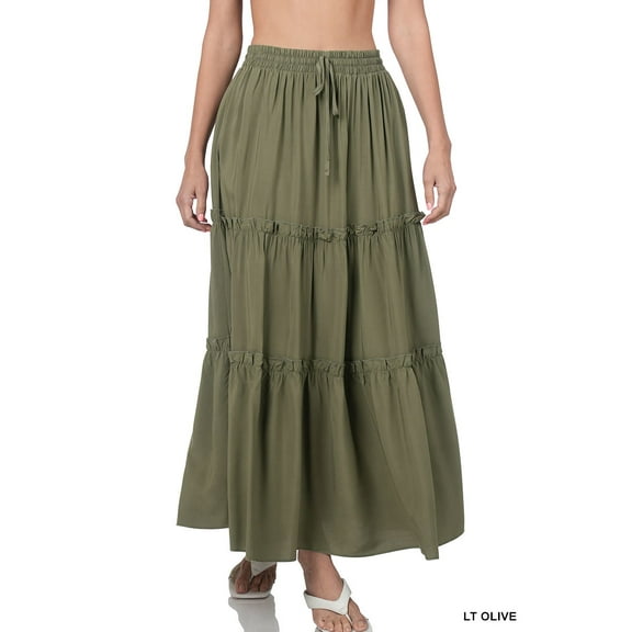 Zenana Women & Plus Boho Elastic Drawstring Waist Tiered Ruffle A-Line Woven Maxi Skirt