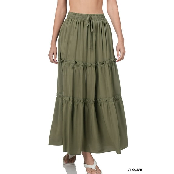 Zenana Women & Plus Boho Elastic Drawstring Waist Tiered Ruffle A-Line Woven Maxi Skirt