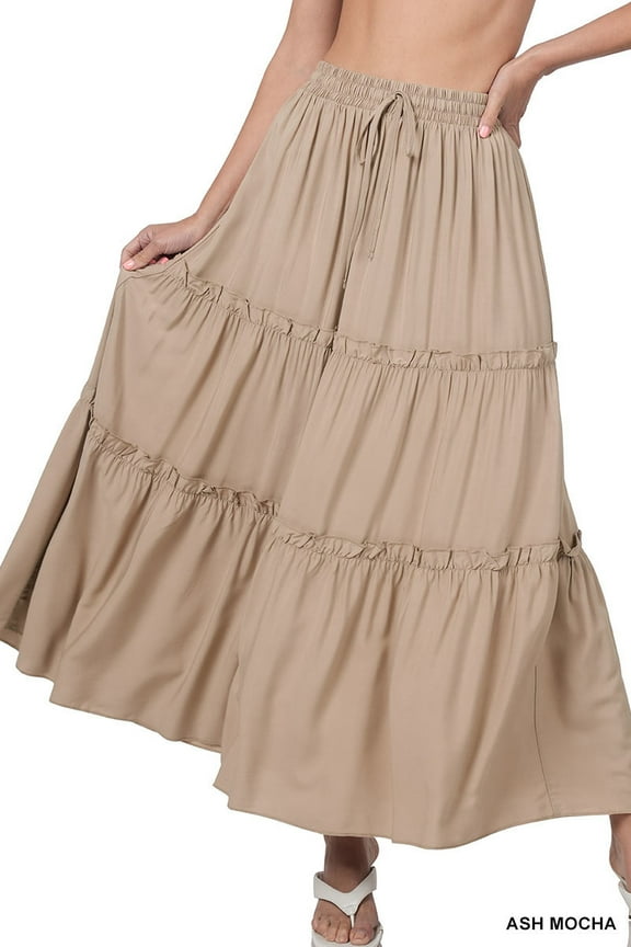Women & Plus Boho Elastic Drawstring Waist Tiered Ruffle A-Line Woven Maxi Skirt