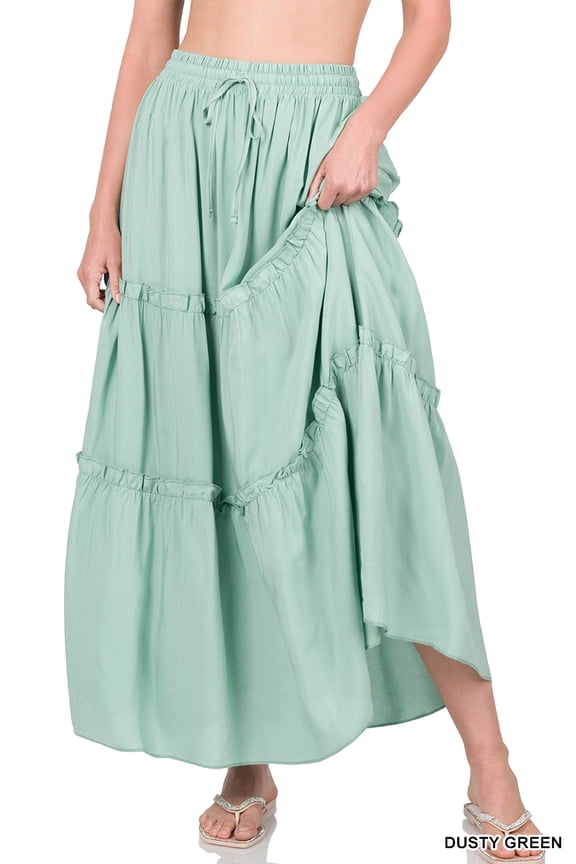 Women & Plus Boho Elastic Drawstring Waist Tiered Ruffle A-Line Woven Maxi Skirt
